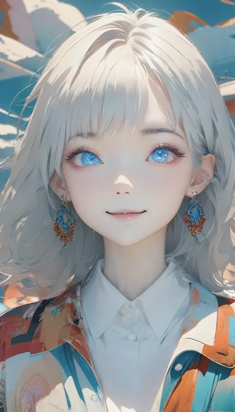quality\(8K,非常に精細なCGユニットのwallpaper, masterpiece,High resolution,top-quality,top-quality real texture skin,Surreal,Increase the resolution,RAW Photos,最高quality,Very detailed,wallpaper\),BREAK、Minimalist,Stylish girl,Gray Hair,Blue background,Wear special earrings,Bohemian style,Defined eyelashes,Bright Blue Eyes,clean通透的眼珠,close,Smiling face flat illustration,geometry,clean,Japanese Manga