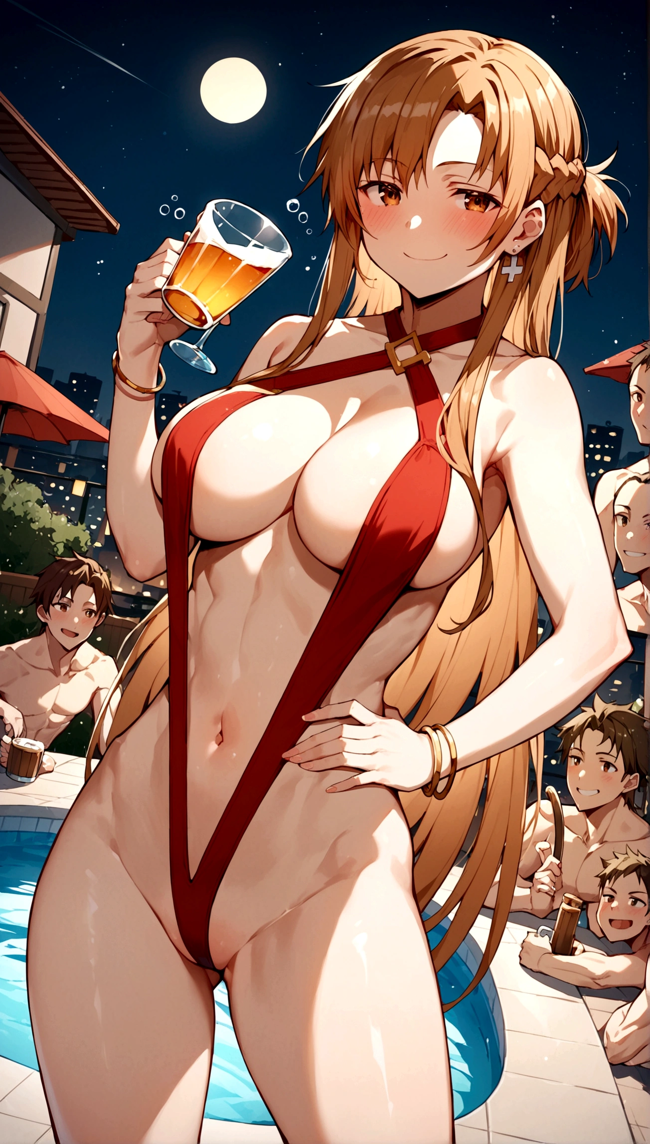 score_9,score_8_up,score_7_up,18 year old,female focus,1girl,asuna \(sao-alo\), sword art online,yuuki asuna,nsfw,brown eyes, brown hair, long hair, bangs, braid,standing,lift leg,hand on hip, holding cup,drunk-smirk,blush,large breasts,brown hair,parted hair,long hair,red Slingshot swimsuit,plunging neckline,center opening,cleavage,navel,earrings,bracelet,roof pool-party,cityscape,night,multiple-people,surrounding by 5 boys(strong men),