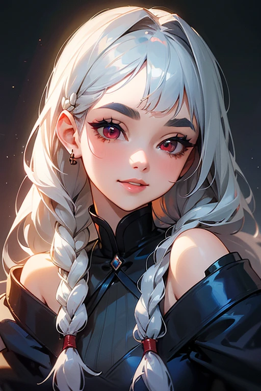 (Highest quality, masterpiece:1.2), High resolution, 最高masterpiece、Very detailed, Realistic:1.37, Fantasy, An illustration,Gray Hair、 Red eyes、Queen, Navy and blue dress、beautifully、Eyeshadow Red、Thick eyebrows、Long eyelashes、pupils are black、shiny on the lips、Top Sites、Queen、Princess、A kind smile、Show your teeth a little and smile、Soft impression、people々々々々々々々々々Loved by、Slimming the face、Shoulder Bare、Sexy braids、Kissing Face、Long white hair、Shaggy Bangs、Save face image、