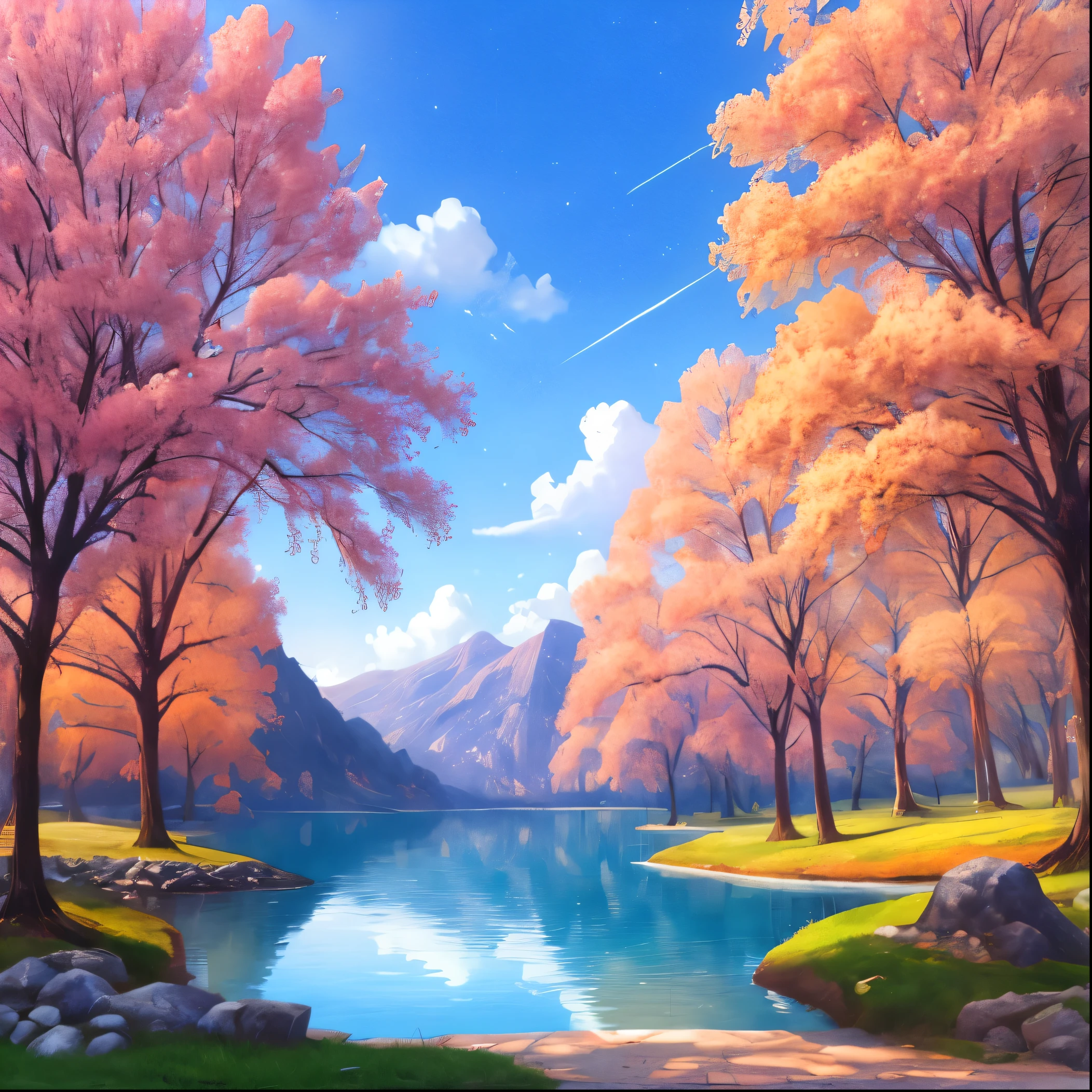 Nearby is the forested Great Plains,Flowers are blooming even in the plains,There is a lake,there is a stone,A hazy mountain in the distance々I can see,The sky was colored by clouds,the morning sun rises,Starlight,watercolor asterpaintings