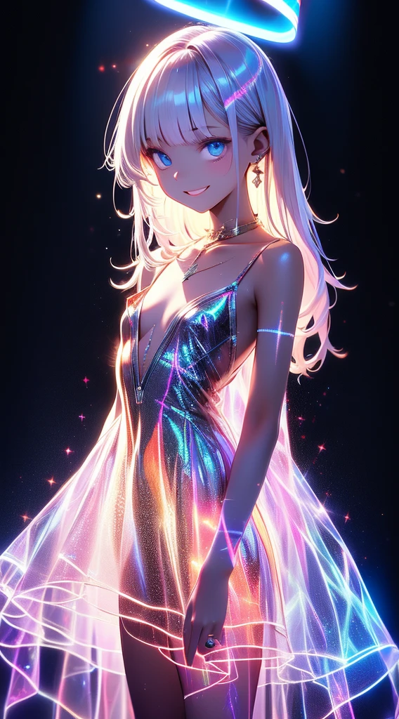 (masterpiece),(highest quality:1.2),(Perfect Anatomy),Exquisite detail,((1 Girl)),Long silver hair,((Flat Chest)),Beautiful and exquisite blue eyes,hologram Laser dress,(holographic halo:1.5),(black background),cowboy shot,Captivating smile