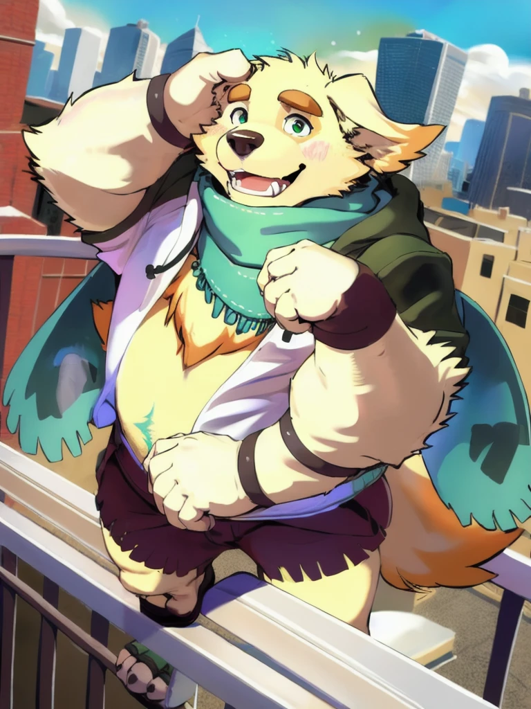 cu sith \(tas\), bird dog, canid, canine, canis, domestic dog, golden retriever, hunting dog, mammal, retriever, anthro, city, clothing, floppy ears, fur, green eyes, hoodie, male, scarf, slightly chubby, solo, topwear, wristband, yellow body, yellow fur, arms over balcony, pondering, looking at sky, leaning towards balcony, clear sky, sun ray, on top of a building, arms on railing, arms holding head, bending arms,  facing away from viewer, angled view, face pov, holding human  in hands by chunie, by null-ghost, by darkgem, 
