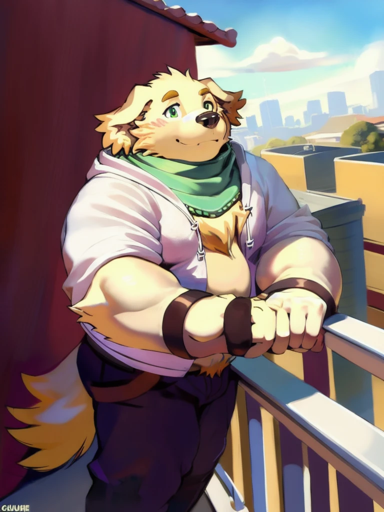 cu sith \(tas\), bird dog, canid, canine, canis, domestic dog, golden retriever, hunting dog, mammal, retriever, anthro, city, clothing, floppy ears, fur, green eyes, hoodie, male, scarf, slightly chubby, solo, topwear, wristband, yellow body, yellow fur, arms over balcony, pondering, looking at sky, leaning towards balcony, clear sky, sun ray, on top of a building, arms on railing, arms holding head, bending arms,  facing away from viewer, angled view, face pov, holding human  in hands by chunie, by null-ghost, by darkgem, 
