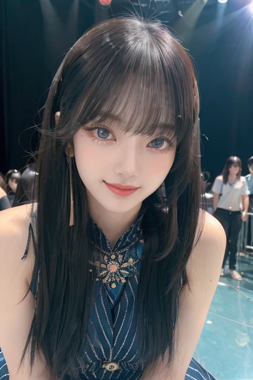 longeyelashes, aqua eyes, Surrealism, drop shadow, anaglyph, stereogram, atmospheric perspective, wide shot, panorama, 360 view, Wide-Angle, Nikon, 8K, super detail, best quality, high quality, highres, award winning, super detail, uhd, accurate, masterpiece、Black Hair、Bob Hair、Falter、Round eyes、False eyelashes、Light wavy hair, correct、Striped Hair、Brown Hair、Red Hair、Dark blue hair、Gradient Hair、Asymmetrical Hair、Hair behind the ear、Crossed bangs、Long Hair、とてもLong Hair、Hair up on one side、とんでもなくLong Hair、Valletta、sunglasses、Mole under the eye、Bright Blue Eyes、Long eyelashes, (Dark eyeliner), Ring Eye、Round eyes、compensate、邪悪なsmile、軽いsmile、Cast a Shadow、Character Portrait、Atmospheric perspective、Film Grain、Backlight、Exposure、Lens flare、Very detailed、最high quality、超High resolution、超High resolution、Very detailed、Very realistic, masterpiece、correct、Textured skin、high quality、最high quality、Awards、High resolution、16K, 髪のFalter、軽いsmile、Redness in the ears、correct、odor、Surrealism、Cast a Shadow、Subjective、Shine、360° View、Very detailed、最high quality、超High resolution、解剖学的にcorrect、masterpiece、Textured skin、High resolution、最high quality、High detail、Long eyelashes、A slight blush、compensate, ((whole body)), ((smile)),((Background stands on stage)),((Shorts concert outfit))