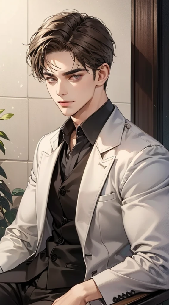 a mature man, 25 years old, serious look, closed mouth, extremely detailed face, cold smile, dark grey eyes, short-right-swept dark brown hair, thick eyebrows, suit, handsome, full body, western, Jewish, light brown skin, portrait, realistic, best quality, masterpiece