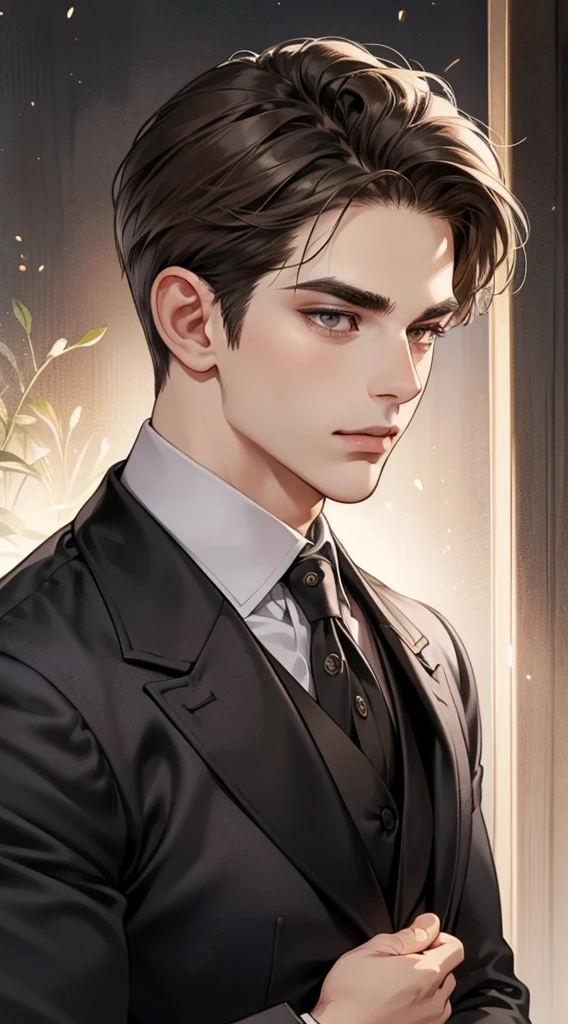 a mature man, 25 years old, serious look, closed mouth, extremely detailed face, cold smile, dark grey eyes, short-right-swept dark brown hair, thick eyebrows, suit, handsome, full body, western, Jewish, light brown skin, portrait, realistic, best quality, masterpiece