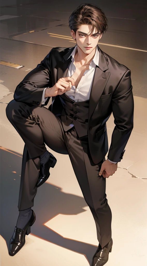 a mature man, 25 years old, serious look, closed mouth, extremely detailed face, cold smile, dark grey eyes, short-right-swept dark brown hair, thick eyebrows, suit, handsome, full body, western, Jewish, light brown skin, portrait, realistic, best quality, masterpiece