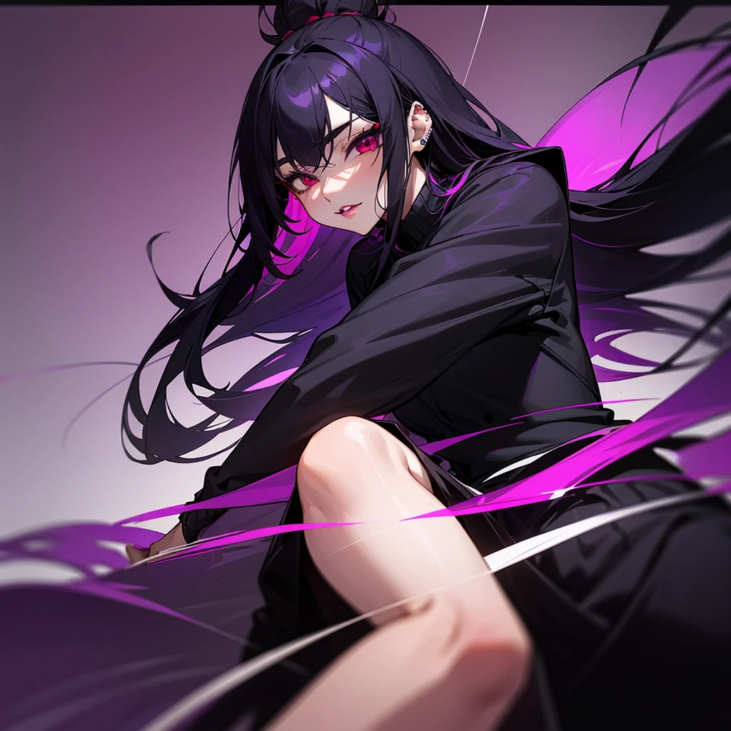 Appearance: Kyoko has long, flowing black hair with a purple tint, styled in a sleek and elegant manner. Her piercing red eyes are framed by thick lashes, she is often seen with dark, bold lipstick that highlights her full lips. Kyoko wear black and purple pullover that is always too big for Her and black short.