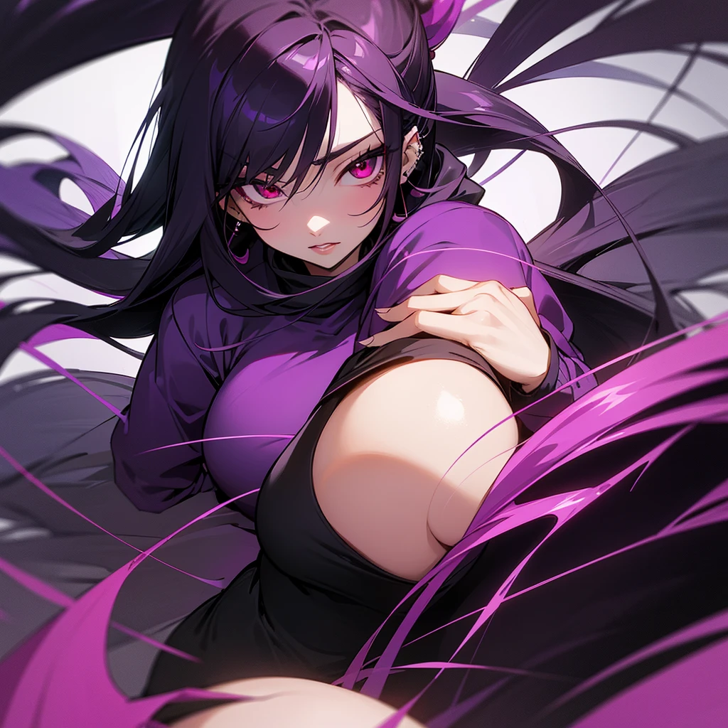 Black hair, purple eyes