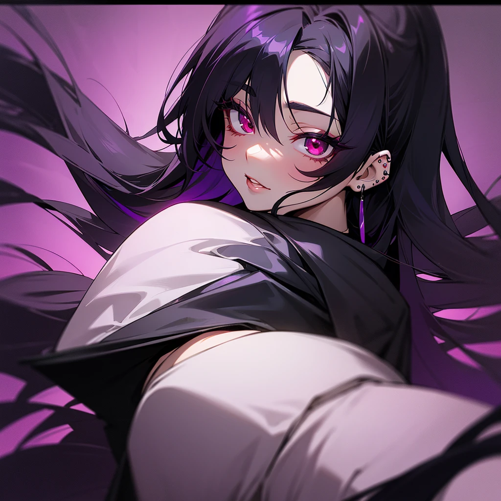 Appearance: Kyoko has long, flowing black hair with a purple tint, styled in a sleek and elegant manner. Her piercing red eyes are framed by thick lashes, she is often seen with dark, bold lipstick that highlights her full lips. Kyoko wear black and purple pullover that is always too big for Her and black short.