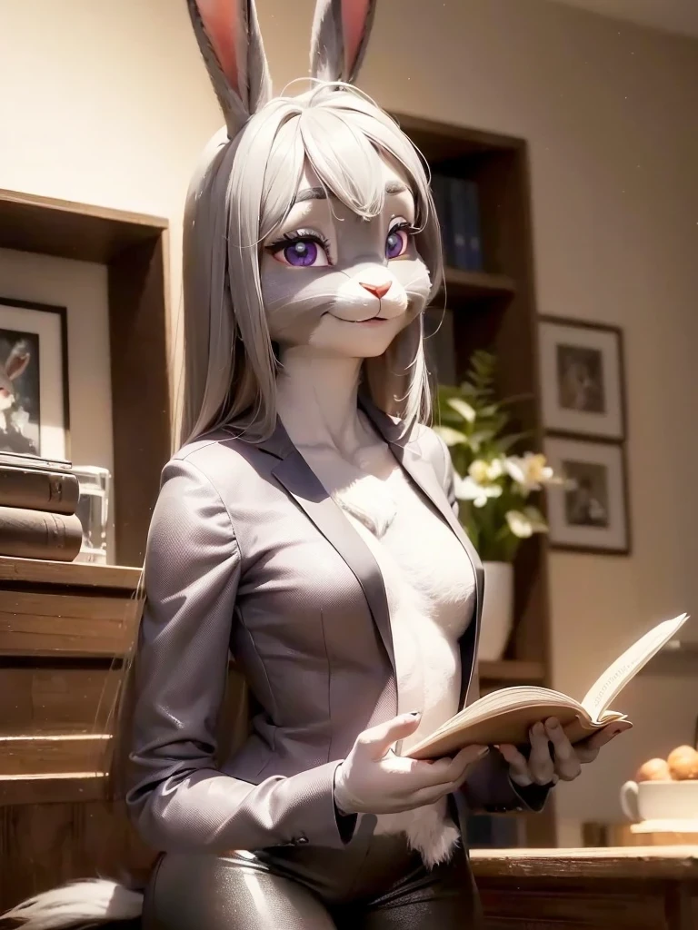 best quality,
masterpiece,
hyper Realistic,
ultra-detailed,
beautiful detailed,
4K,8K,High level,
PIXAR,
Photo real,
medium shot,
Looking at the audience upside,
background in green office,
Realistic lighting,
((anthropomorphic rabbit)),
detailed animals,
Complex patterns,
(furry:1.35),
(Whole skin is gray:1.35),
(body is fluffy and bushy:1.35),
Realistic fur,
((human hands)),
(Face is JudyHopps:1.35),
((medium straight hair)),
dark brown heir,
((sidepart bangs)), bangs,
purple eyes,
{highlight on eyes, crisp eyes, sparkle in the eyes, round big pupils},
detailed iris,
(rised eyebrows:1.2),
(Crescent Brows:1.3),
(rabbit ears:1.1),
Smile,
Big Smile,
Innocent smile,
raised corners of mouth,
office lady is wearing suit,
((White silk blouse)) BREAK ((Black blazer)) BREAK ((Black pants)),
clothes made of wool,
(solo:1.5),
(1 lady:1.5),
one character only
alone,
Perfect Anatomy,
lighting forward,
lighting front,
ambient light,
natural light,
daylight white,
intricate details,
ray tracing,
photorealistic,