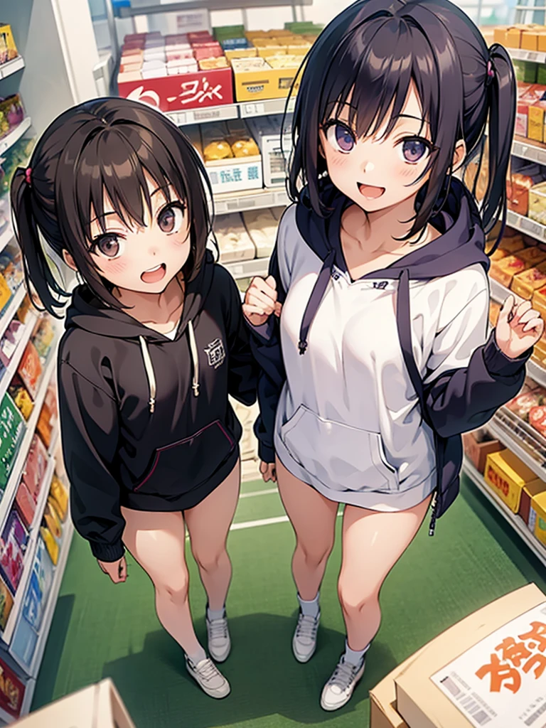 masterpiece, best quality, girls group shot, two side up, yo, (pee),
 smile, standing, open mouth, naked hoodie, small breasts, in supermarket,