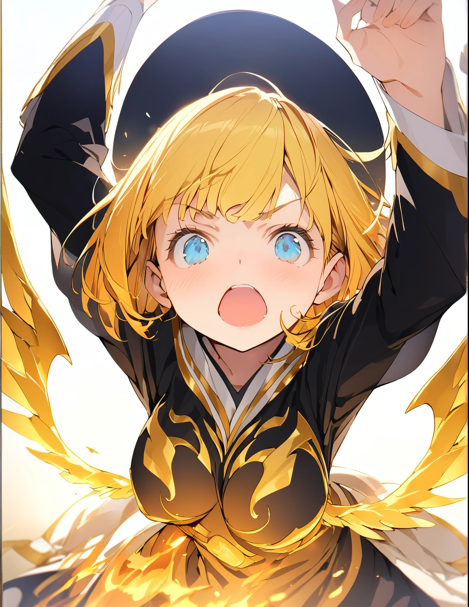 masterpiece Golden Wings A masterpiece of ultra-precise description of a girl fighting with golden flames (Short Bob Hair:1.4),(blue eyes)Fighting pose Golden flames rise all over Big Breasts