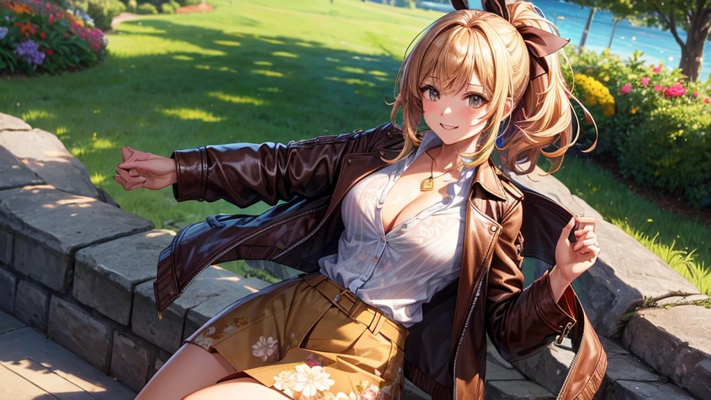 1girl, solo, full body, summer, village, trees, sun, clouds, ((colorful hair)), curly hair, ponytail, large full breasts, ((brown leather jacket)), button down shirt, ((floral pattern shirt)), ((short sleeved shirt)), ((unbuttoned shirt)), unbuttoning buttons, cleavage 1:3, brown eyes, skirt, smile, looking at the viewer, standing, hair ribbon, golden necklate