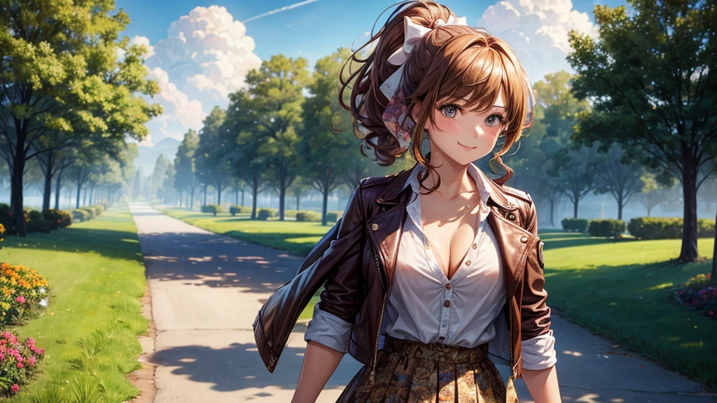 1girl, solo, summer, village, trees, sun, clouds, ((colorful hair)), curly hair, ponytail, large full breasts, ((brown leather jacket)), button down shirt, ((white shirt)), ((short sleeved shirt)), ((unbuttoned shirt)), unbuttoning buttons, cleavage 1:3, brown eyes, skirt, smile, looking at the viewer, standing, hair ribbon, golden necklate