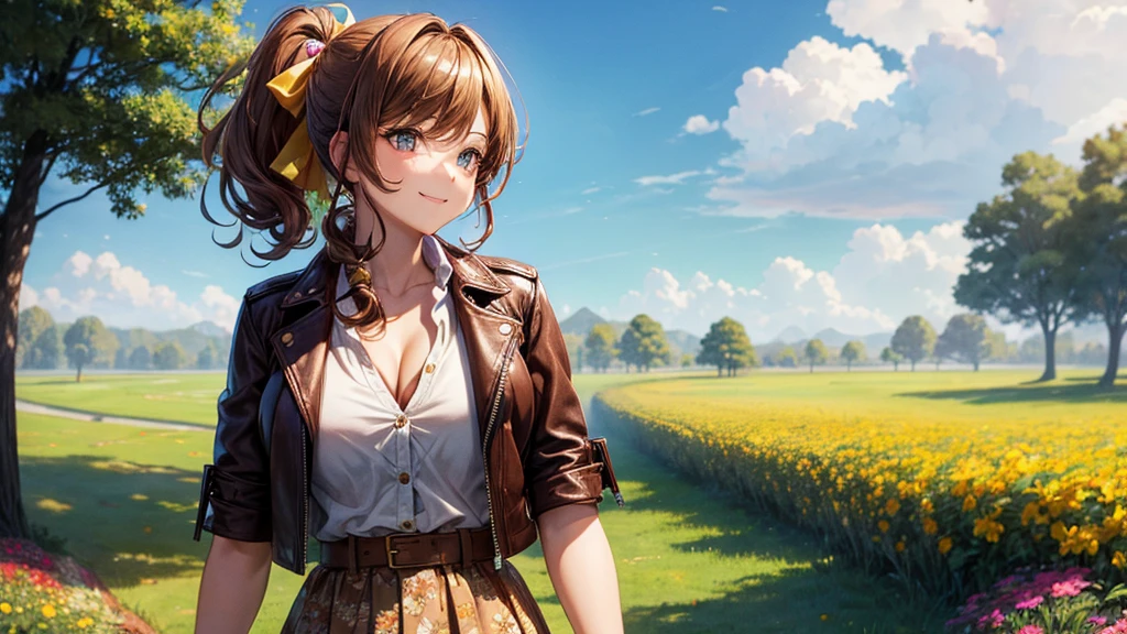 1girl, solo, trees, sun, clouds, autumn, colorful trees, falling leaves, ((brown hair)), ponytail, large breasts, ((brown leather jacket)), button down shirt, ((blue checked shirt)), ((unbuttoned shirt)), unbuttoning buttons, cleavage 1:3, blue eyes, long skirt, brown boots, smile, happy, looking at the viewer, walking, hair ribbon, golden necklate