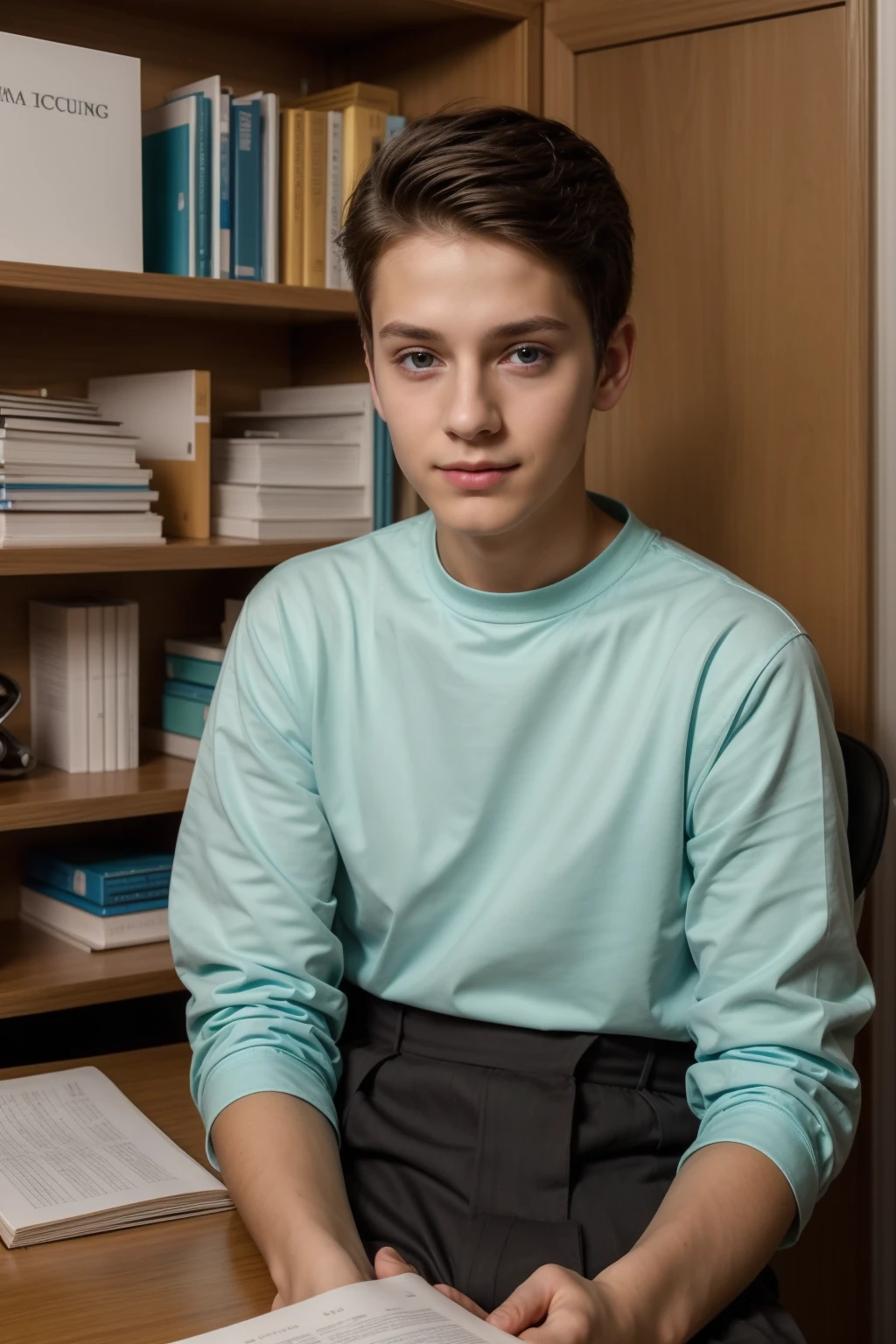 A young male , cute, beautiful, feminine, with a beautiful face with make-up and black hair, and his eyes have dark circles under them, and he is wearing a long-sleeved aquamarine shirt and white jeans. He is in the Faculty of Medicine, studying on the blackboard with a manuscript on it, anatomy of the brain, and he is sitting in his scientific office with a manuscript on it. Calculus as he looks on proudly
