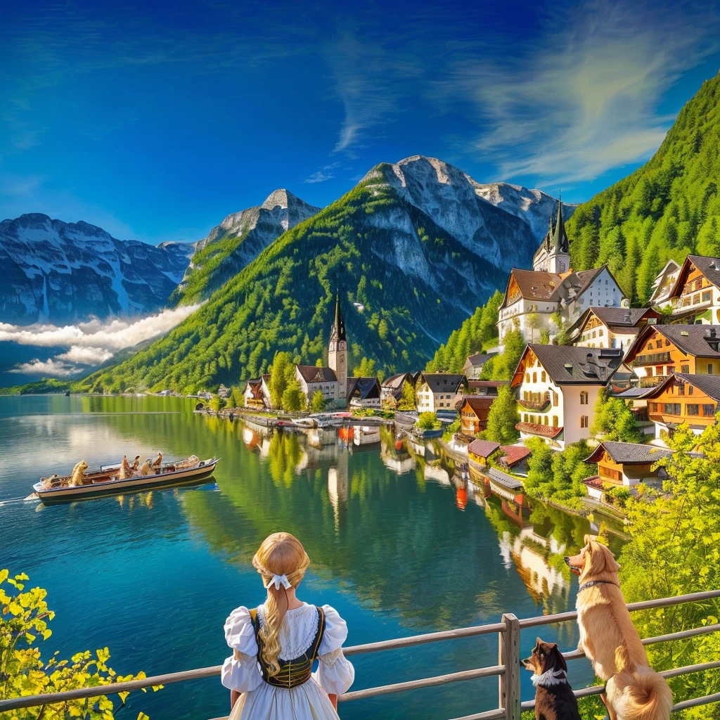 At Hallstatt Erhai Lake in Austria The image shows a young girl in a traditional Bavarian outfit, looking out over a serene lake with a church and town on the opposite shore, her two pets ( golden retriever dog and a little Short fur dog ) beside her there are looking in the boat , a boat on the water. The sky is clear and the sun is shining. photography