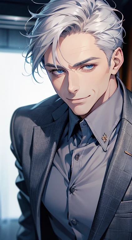a mature man, very handsome, short grey white hair, blue eyes, perfect detailed face, buttoning his jacket, CEO, smiling, cinematic lighting, 1:4 hdr image, top view, ultra detailed, photorealistic, 8k, masterpiece, best quality