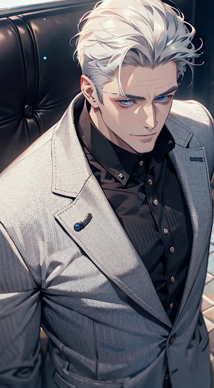 a mature man, very handsome, short grey white hair, blue eyes, perfect detailed face, buttoning his jacket, CEO, smiling, cinematic lighting, 1:4 hdr image, top view, ultra detailed, photorealistic, 8k, masterpiece, best quality