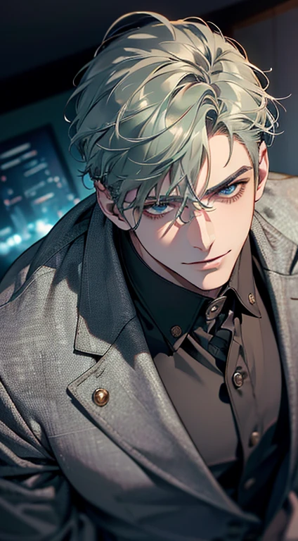 (best quality, masterpiece, 8K, photorealistic, cinematic lighting, 1:4 hdr image, top view, ultra detailed, beautiful image), a mature man, very handsome, short grey green hair, blue eyes, perfect face without errors , ((buttoning his jacket, CEO)), smile in love.