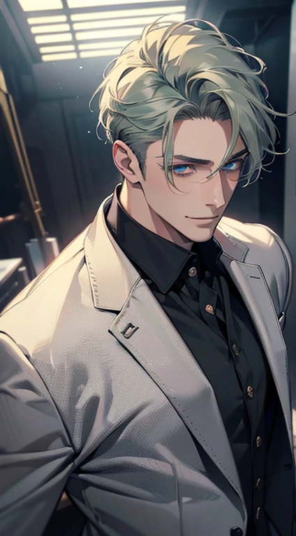 (best quality, masterpiece, 8K, photorealistic, cinematic lighting, 1:4 hdr image, top view, ultra detailed, beautiful image), a mature man, very handsome, short grey green hair, blue eyes, perfect face without errors , ((buttoning his jacket, CEO)), smile in love.