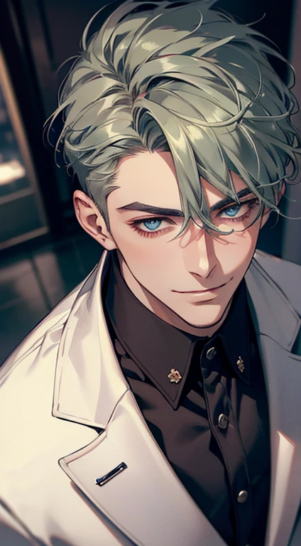 (best quality, masterpiece, 8K, photorealistic, cinematic lighting, 1:4 hdr image, top view, ultra detailed, beautiful image), a mature man, very handsome, short grey green hair, blue eyes, perfect face without errors , ((buttoning his jacket, CEO)), smile in love.