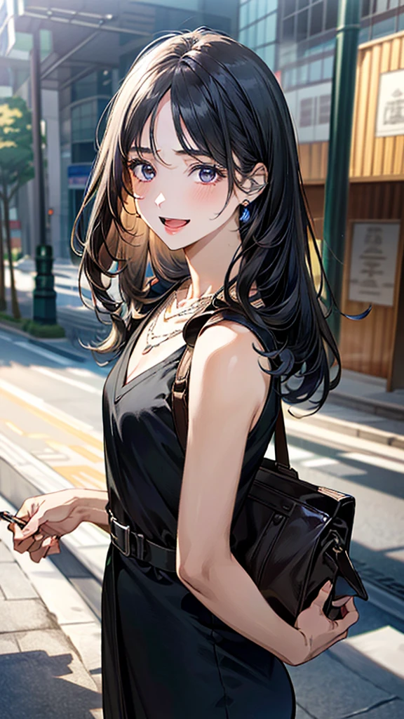 (masterpiece:1.3, Highest quality, Ultra-high resolution, Super detailed), (Realistic, photoRealistic:1.4), Beautiful illustrations, Perfect lighting, Natural light, colorful, Depth of written boundary, 
Beautiful detailed hair, Beautifully detailed face, Beautiful attention to detail, Beautiful clavicle, Beautiful body, Beautiful breasts, Beautiful thighs, Beautiful feet, Beautiful fingers, 
View your viewers, (Face Focus, Upper Body), 1 Girl, Japanese, high school girl, Perfect Face, (Perfect Anatomy, Anatomically correct), Cute and symmetrical face, Baby Face, , Shiny skin, 
(Long Hair:1.7, Straight hair:1.0, Dark blue hair), ((Parted bangs, amount)), , blue eyes, Slanted Eyes, Long eyelashes, (Medium chest:1.6, Tight ass, Captivating thighs), thin, 
((black v neck dress, Black belt, garnet necklace)), Black shoulder bag, 
(Beautiful views), morning, (Downtown), walking, (Captivating smile, Small with open mouth), 