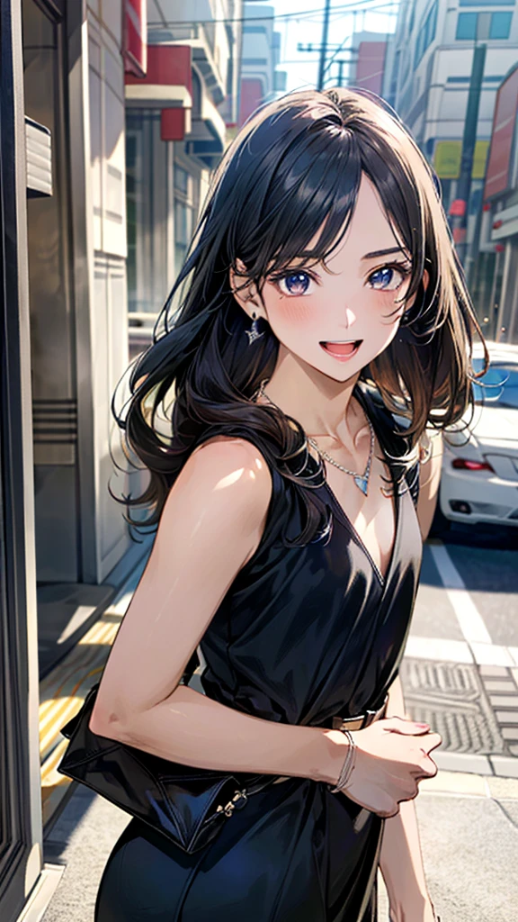 (masterpiece:1.3, Highest quality, Ultra-high resolution, Super detailed), (Realistic, photoRealistic:1.4), Beautiful illustrations, Perfect lighting, Natural light, colorful, Depth of written boundary, 
Beautiful detailed hair, Beautifully detailed face, Beautiful attention to detail, Beautiful clavicle, Beautiful body, Beautiful breasts, Beautiful thighs, Beautiful feet, Beautiful fingers, 
View your viewers, (Face Focus, Upper Body), 1 Girl, Japanese, high school girl, Perfect Face, (Perfect Anatomy, Anatomically correct), Cute and symmetrical face, , , Shiny skin, 
(Long Hair:1.7, Straight hair:1.0, Dark blue hair), ((Parted bangs, amount)), , blue eyes, Slanted Eyes, Long eyelashes, (Medium chest:1.6, Tight ass, Captivating thighs), thin, 
((black v neck dress, Black belt, garnet necklace)), Black shoulder bag, 
(Beautiful views), morning, (Downtown), walking, (Captivating smile, Small with open mouth), 