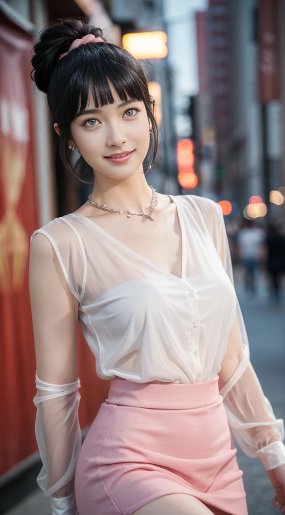 8k, masterpiece, RAW photo, best quality, photorealistic, extremely detailed CG unity 8k wallpaper, Depth of field, Cinematic Light, Lens Flare, Ray tracing, (extremely beautiful face, beautiful lips, beautiful eyes), intricate detail face, ((ultra detailed skin)) 1girl, in the dark, deep shadow, pretty hinata hyuga,(very slim slender fit-muscled body:1.3), ((looking at viewer)),(big smile:1.3), (night, (neon sign), (blurry background), midnight, (without people in the background:1.3), white diamond earrings, bracelets, necklace, clear eyes, walking , front shot, (pale skin), face forward, (big eyes), full body shot, ((see through blouse)), (hot pink color blouse)), ((laced skirt)), (looking at viewer:1.3), very slim, huge breasts, no bra,Hermes bag, mini skirt, updo hair, short hair, teeth