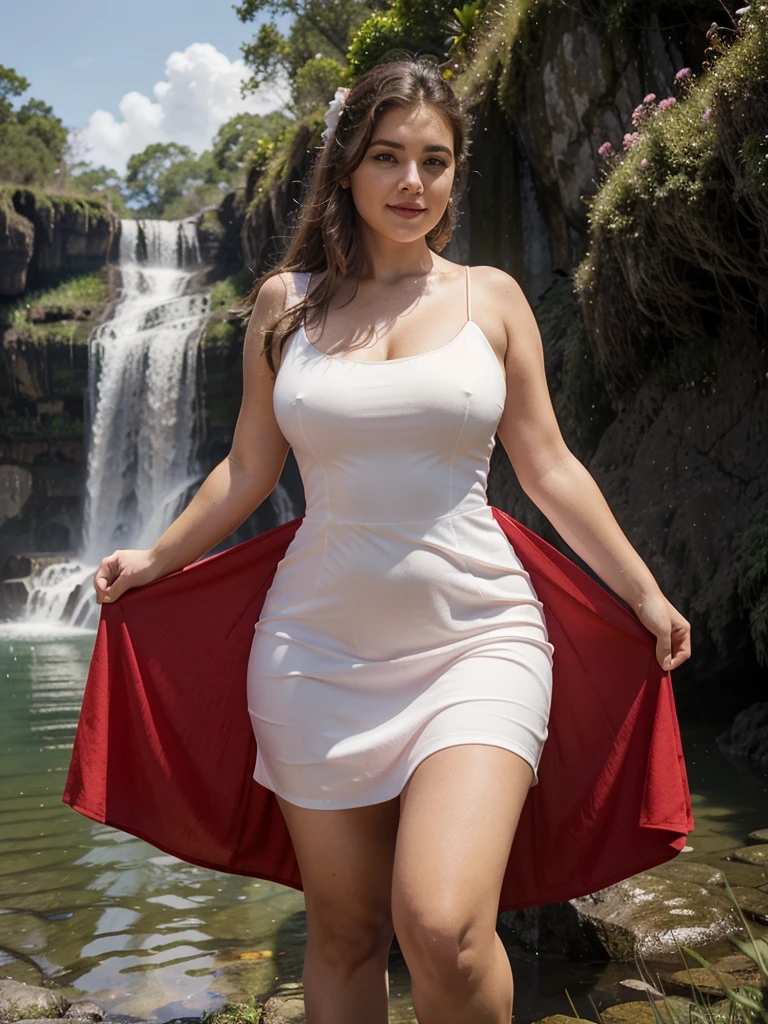 Araffe dress,Red dressRed wearing a short dress (white),Crocodile nearbya mountain of water near the grass,Waterfall nearby light green, shining flowers,Red skywearing a suit (white), lipstick (pink) Escasamente vestido.Smooth sky model Hermosa figuracuerpo voluptuoso curvy hermosas sonrisa seductora Retrato Gabriella Lin Rojo Orange dress Red