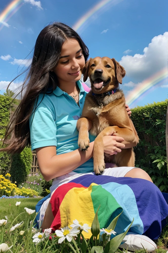 A girl with a dog in garden and in the sky a beautiful rainbow and there were spring season 