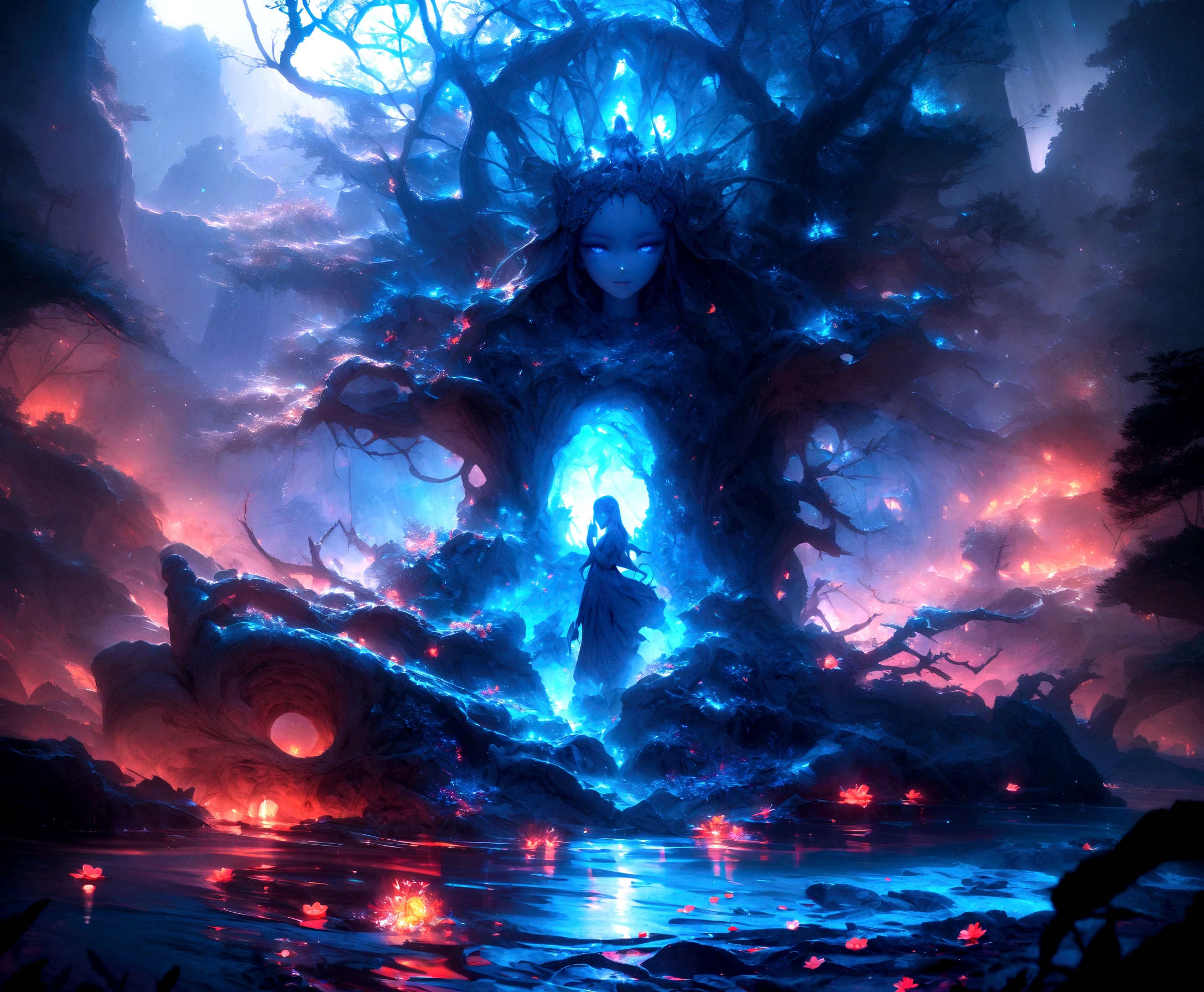 surrealist art breathtaking A stunning high quality photo of a mystical figure with a blue hue, adorned with an ornate headdress that resembles a blend of tree branches and flowers. The figure's eyes are strikingly red, and it extends its hands towards the viewer, creating an ethereal and captivating aura. The background is a deep blue, adding to the enchanting ambiance. The figure seems to be emerging from a body of water, with a silhouette of a person visible at the bottom.. award-winning, professional, highly detailed . dreamlike, mysterious, provocative, symbolic, intricate, detailed