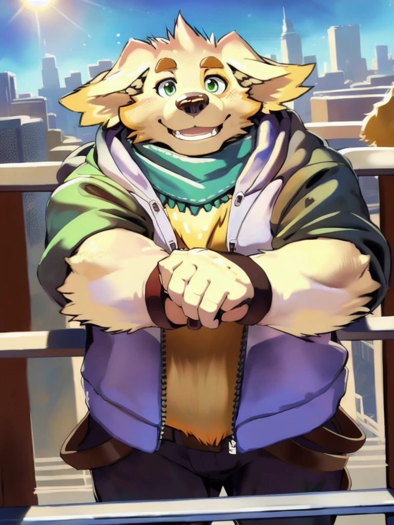 cu sith \(tas\), bird dog, canid, canine, canis, domestic dog, golden retriever, hunting dog, mammal, retriever, anthro, city, clothing, floppy ears, fur, green eyes, hoodie, male, scarf, slightly chubby, solo, topwear, wristband, yellow body, yellow fur, arms over balcony, pondering, looking at sky, leaning towards balcony, clear sky, sun ray, on top of a building, arms on railing, arms holding head, bending arms,  facing away from viewer, angled view, face pov, teaching class by chunie, by null-ghost, by darkgem, 
