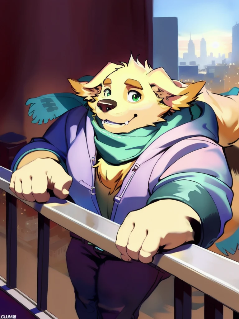 cu sith \(tas\), bird dog, canid, canine, canis, domestic dog, golden retriever, hunting dog, mammal, retriever, anthro, city, clothing, floppy ears, fur, green eyes, hoodie, male, scarf, slightly chubby, solo, topwear, wristband, yellow body, yellow fur, arms over balcony, pondering, looking at sky, leaning towards balcony, clear sky, sun ray, on top of a building, arms on railing, arms holding head, bending arms,  facing away from viewer, angled view, face pov, teaching class by chunie, by null-ghost, by darkgem, 
