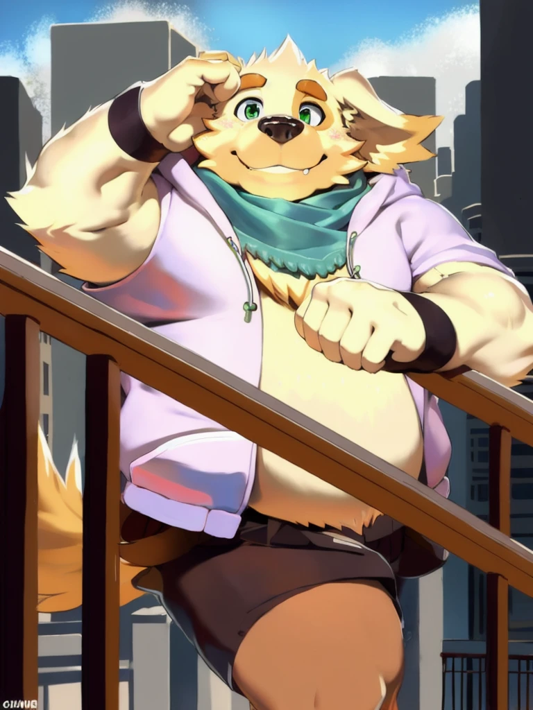 cu sith \(tas\), bird dog, canid, canine, canis, domestic dog, golden retriever, hunting dog, mammal, retriever, anthro, city, clothing, floppy ears, fur, green eyes, hoodie, male, scarf, slightly chubby, solo, topwear, wristband, yellow body, yellow fur, arms over balcony, pondering, looking at sky, leaning towards balcony, clear sky, sun ray, on top of a building, arms on railing, arms holding head, bending arms,  facing away from viewer, angled view, face pov, teaching class by chunie, by null-ghost, by darkgem, 
