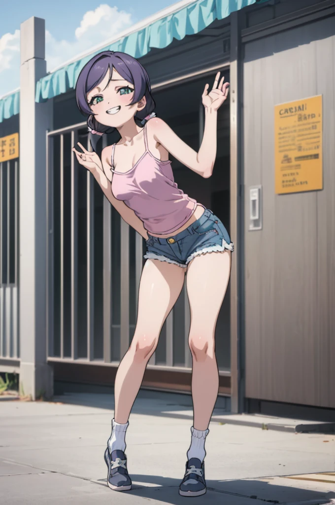 (masterpiece, best quality), 1girl,    nozomi toujou,,spoken heart,***,(petite),medium breasts,grin,outdoor,camisole,denim shorts,socks,(nsfw)