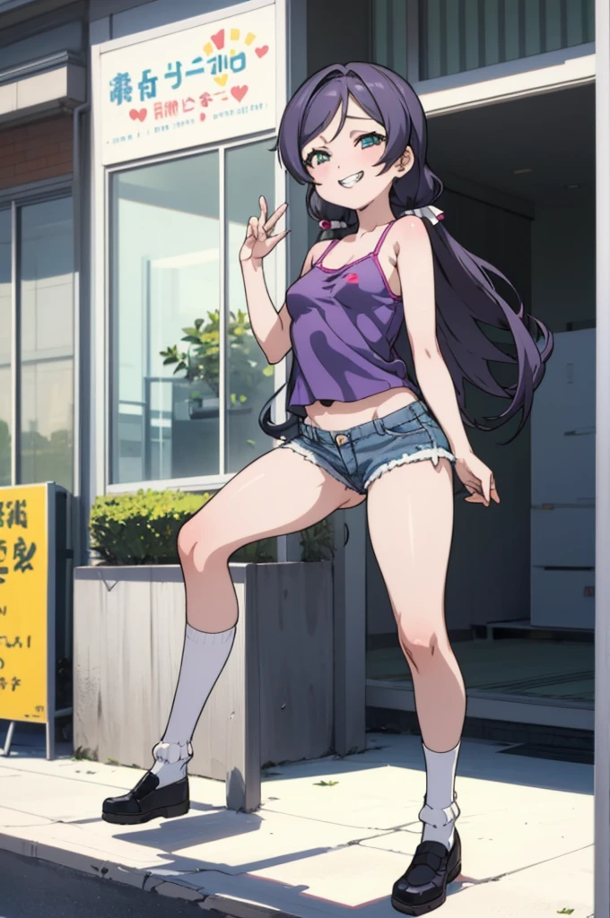(masterpiece, best quality), 1girl, nozomi toujou,,spoken heart,6yo,(ite),medium breasts,grin,outdoor,camisole,denim shorts,socks,(nsfw)