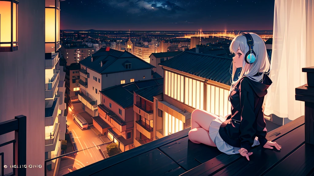A girl sitting on the balcony , feeling and seeing the out view , focusing the city at night ,in the style of 2d game art ,chinstill 50, with headphones in the ear , linsting the song , night time, coloufull animation skills, with a dog sitting beside next to the girl