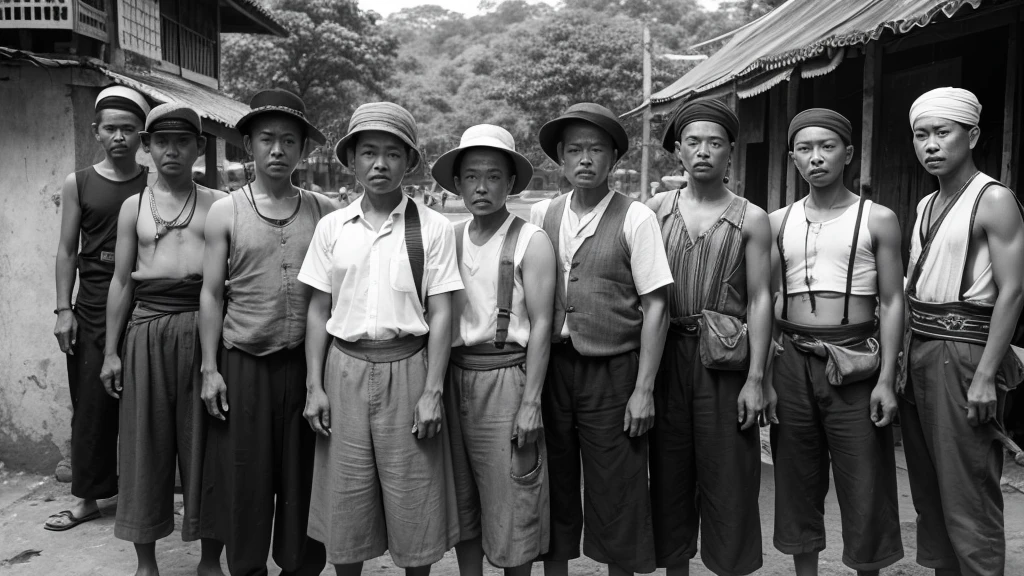 1930s, monochrome photography, A group of thieves in Southeast Asia, wears a bandana on head,  Group photo, 32K, Best quality, Masterpiece, super detail, High Details,
