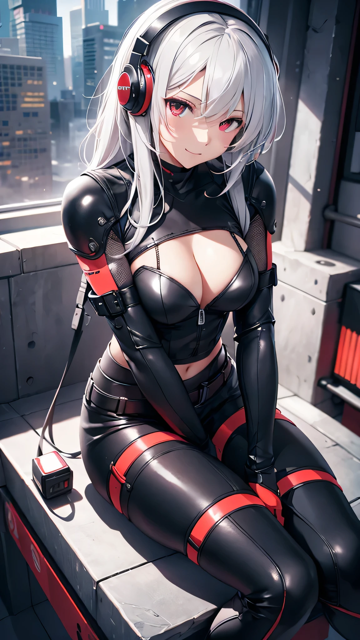 Highest quality、Highest quality、Masterpiece、girl((20-year-old、as soon as、Highest Bust、Medium Bust、Wide open chest、Red glowing eyes、Light Silver Hair、Disheveled Hair、Loincloth、thin、The best valley、Open chest、Full body view、Leather Tank Top、Leather pants、Smile、Leaning forward greatly,Perforated gloves、Sit on a chair、Grip the control stick、A tense face、Red headphones))、high quality、Beautiful Art、background((Robot Cockpit))、flight、Flying Debris、Depth of text、movie、Visual Arts、Perfect Art、8K、Genuine、