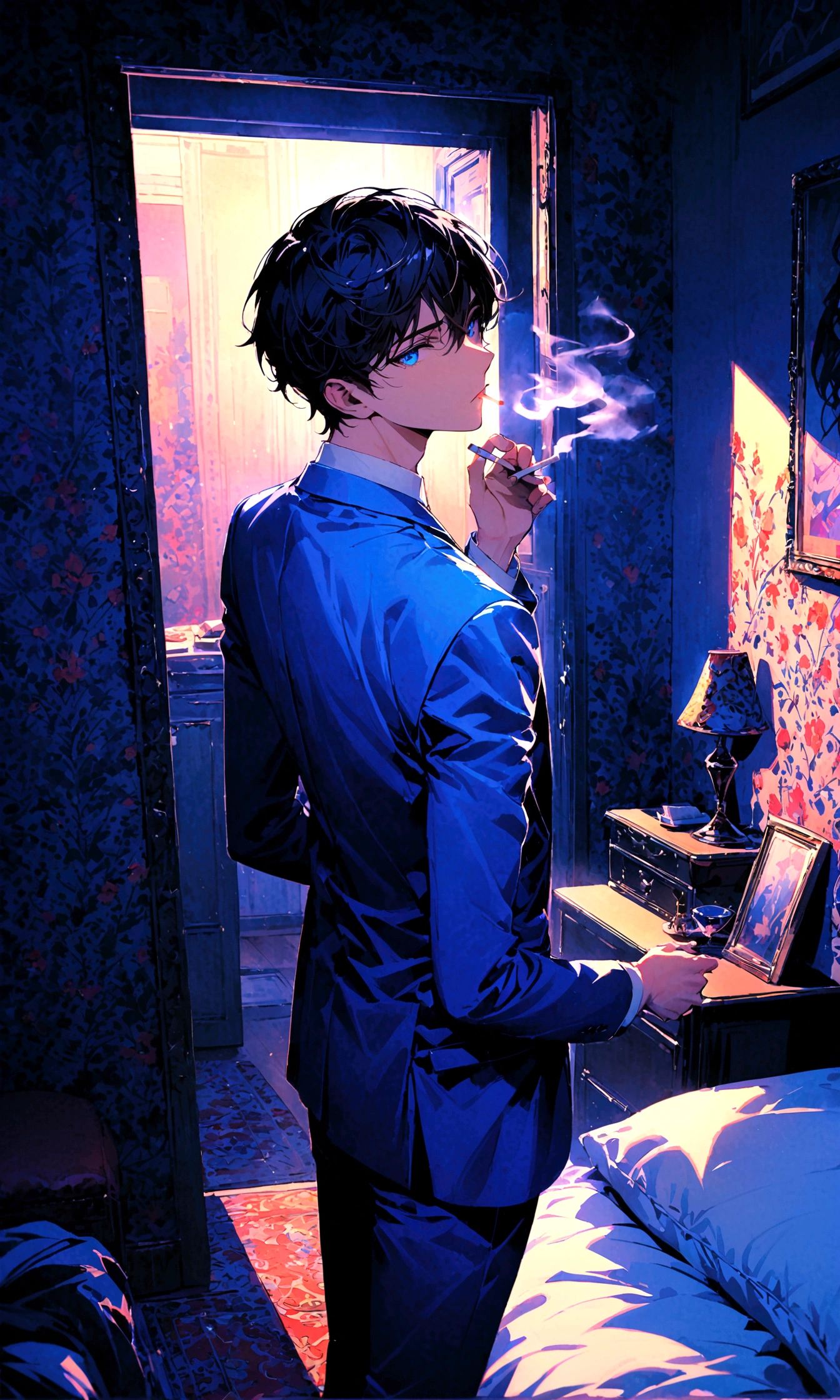 A young man with black hair, blue eyes, a blue suit stood with his back turned half-face smoking a cigarette in his room at night.