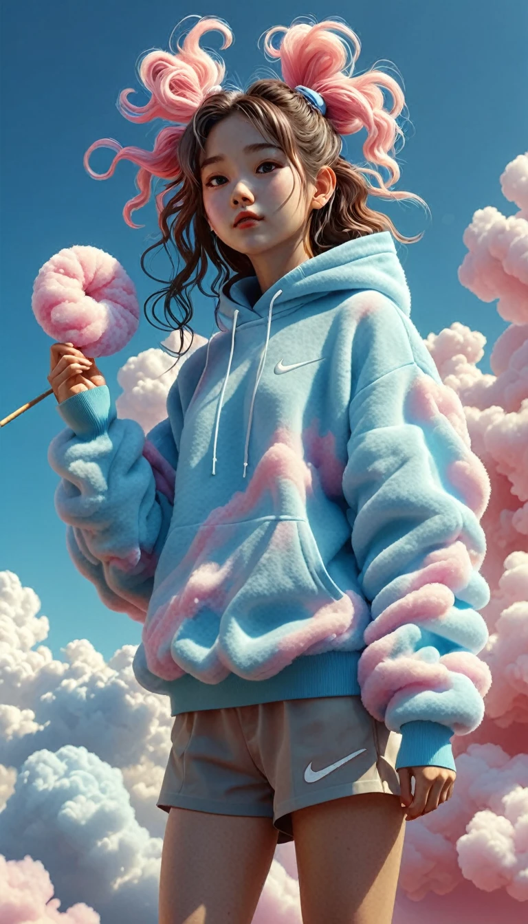 ((Magic realism))  Cotton candy cloud、Depicted as wispy threads of spun sugar。, resembling fluffy tufts of cotton candy floating delicately in the sky with soft, Wavy texture, Branches and vines stretch out in every direction, Vibrant colors+ Colorful swirls, Wearing a Nike hoodie、Wearing Nike shoes、少女はふざhairて雲を食べる, soft+Fluffy texture of clouds, The sturdy wooden stick the girl was holding ,Whimsical+Unreal atmosphere,sunlight shining through the clouds, Surreal shine. rendered in high resolution (hair, Ultra-high resolution) HDR effects using Octane Render for 3D rendering, Creating depth and atmosphere. This scene features vibrant colors.."