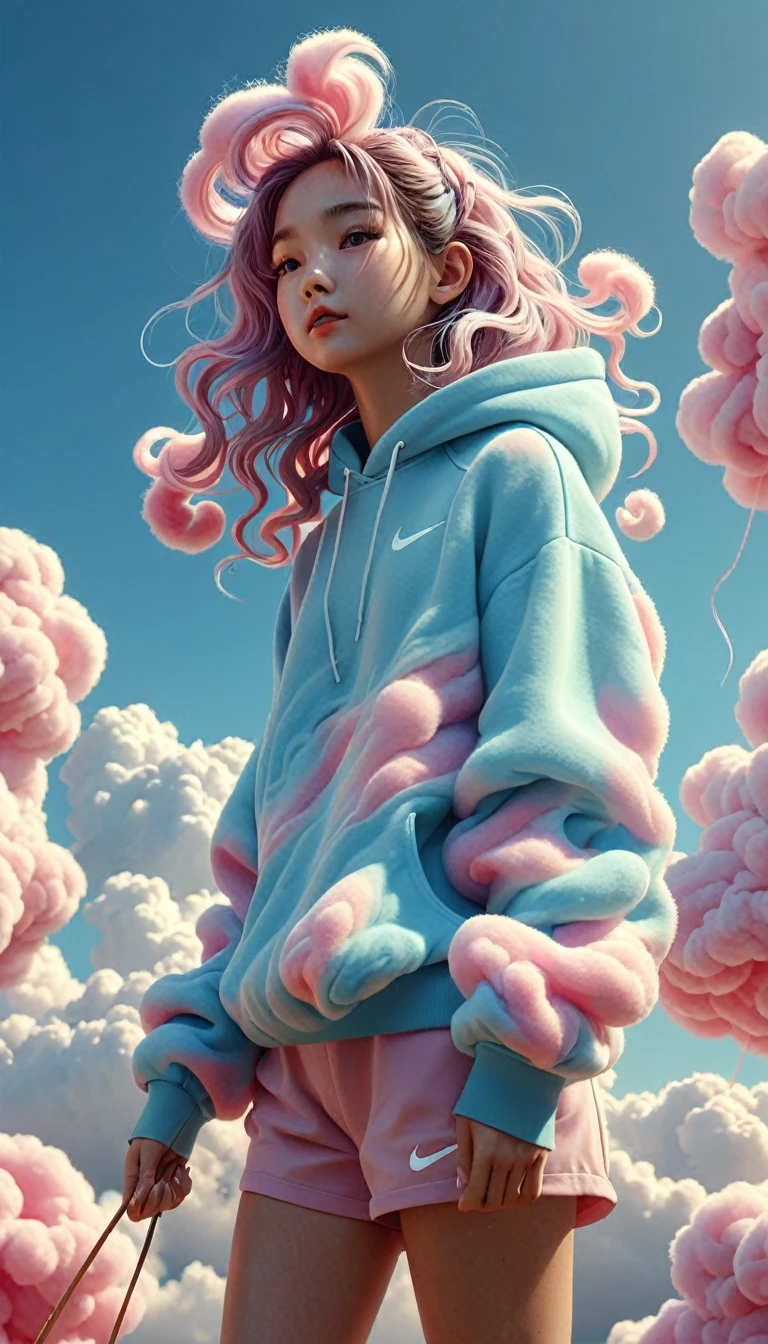 ((Magic realism))  Cotton candy cloud、Depicted as wispy threads of spun sugar。, resembling fluffy tufts of cotton candy floating delicately in the sky with soft, Wavy texture, Branches and vines stretch out in every direction, Vibrant colors+ Colorful swirls, Wearing a Nike hoodie、Wearing Nike shoes、少女はふざhairて雲を食べる, soft+Fluffy texture of clouds, The sturdy wooden stick the girl was holding ,Whimsical+Unreal atmosphere,sunlight shining through the clouds, Surreal shine. rendered in high resolution (hair, Ultra-high resolution) HDR effects using Octane Render for 3D rendering, Creating depth and atmosphere. This scene features vibrant colors.."