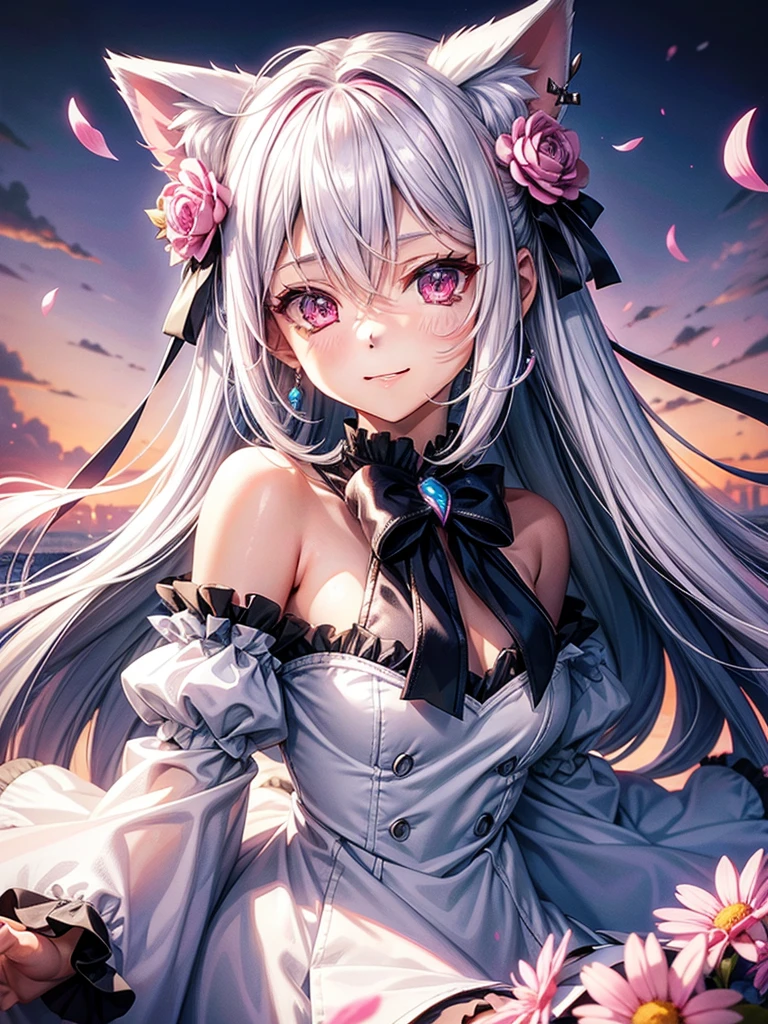 Silver hair, pink eyes, body, cat ears, sexy girl, earrings, sun background, hair bows, mitsuri, dress, bells necklace, pet cats, animals, happy face