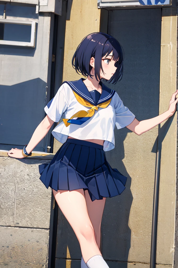 (Sailor suit summer uniform、Short sleeve、Yellow tie、Navy blue micro mini skirt、Navy Pleated Skirt、White mesh panties、White Short Socks)、独奏、Women's High生、(Big Breasts、Big Tits)、Arms folded behind back、Spreading her legs:1.5、(Big Breasts、Big Tits)、(Black Hair、Very Short Hair、Boyish cut)、sitting、Women's High、classroom
