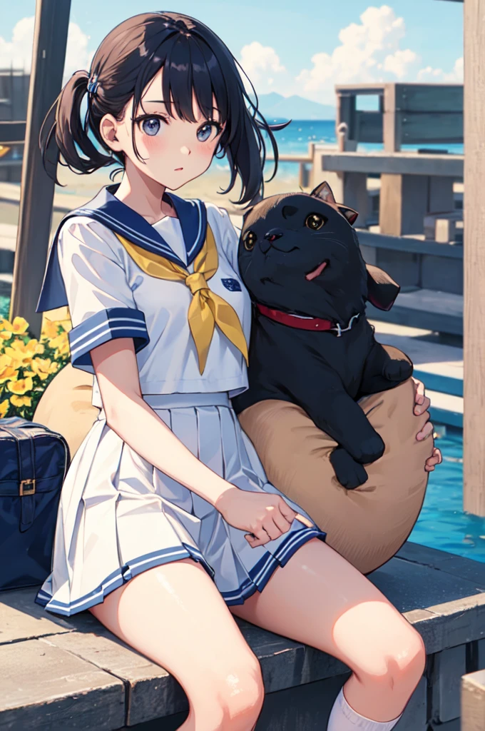 1girl, masterpiece, best quality, highly detailed, illustration, yuzuhara yuzumi, outdoors, village, east asian architecture, kneeling, petting dog, school uniform, serafuku, swimsuit under clothes, red hairband, happy, sparkling eyes, <lora:Yuzumi:0.7>