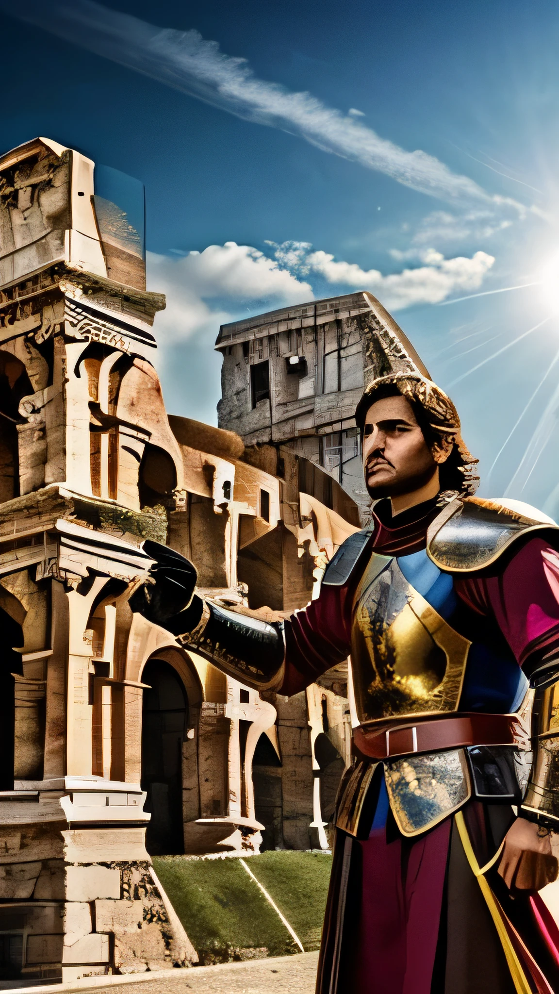 super fine illustration, top quality, Italian hero, inspired by history, Renaissance armor, detailed attire, holding sword, dynamic pose, vibrant colors, background of historical landmarks, Colosseum, Leaning Tower of Pisa, dramatic lighting, classical atmosphere, intricate details, realistic style, heroic presence, symbols of culture, historical elements, powerful imagery, rich heritage