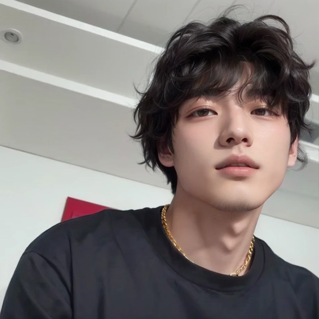 there is a man with a black shirt and a gold chain, hyung tae, taken at the beginning of 2020, Tae June Kim, Jinyoung Shin, Yoongi with black hair, he has short, curly brown hair, profile image, Hong Jun Hyung, jaeyeon nam, Jungkook, cai xukun, yanjun chengt, his hair is messy and disheveled