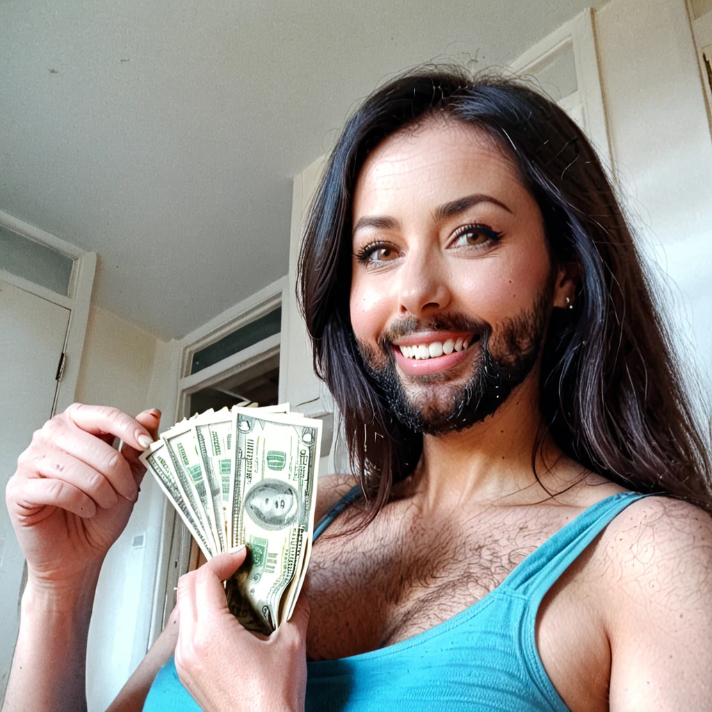 bearded woman beautiful shaggy beard, black hair, brown eyes, eyeliner, proud smile, seductive look, hold a load of dollar bills